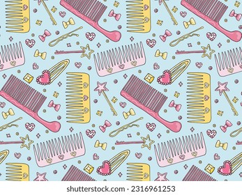 Vector seamless pattern with hairbrush and clip, hair salon texture, cute head accessories hairdo fabric