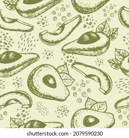 Vector seamless pattern with half avocado. Pattern from a tropical fruit. Vegetarian healthy organic food sketch. Exotic plant motifs for design of packaging, labels, wrapping paper, wallpaper.