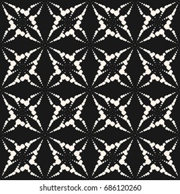 Vector seamless pattern with halftone dotted floral shapes. Subtle geometric texture with flashes, fireworks. Stylish abstract monochrome background. Dark design for decor, covers, textile, digital 