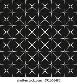 Vector seamless pattern with halftone dotted lines. Texture with small dots, crosses, flashes, fireworks. Simple geometric abstract monochrome background. Modern dark minimalist repeat design element