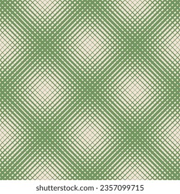 Vector seamless pattern with halftone grid. Abstract geometric background with crossing diagonal lines, mesh, net. Green and beige half-tone texture. Retro vintage 1960s - 1970s style. Repeat design