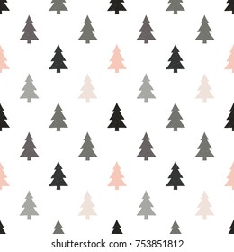 Vector seamless pattern with halftone silhouette Christmas fir-trees. Merry Christmas and happy new year greeting card backdrop design. Retro hand drawn flat art on white background.