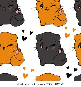 Vector seamless pattern, Halloween Background, Cute kittens showing clows, Orange and Dark Gray Cats on White Background.
