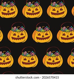 Vector seamless pattern for Halloween. Background with repeating cute pumpkins filled with sweets isolated on black background. Bright cartoon pattern for Halloween. For print, design, decor.