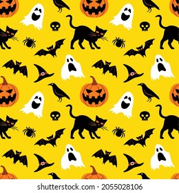 Vector seamless pattern for Halloween. Seamless background with Halloween elements: jack-o-lantern, black cat, ghosts, raven, bats, witch’s hat, skull and spider