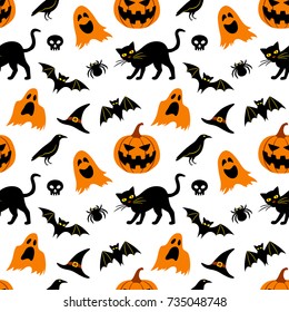 Vector seamless pattern for Halloween. Seamless background with Halloween elements: jack-o-lantern, black cat, ghosts, raven, bats, witch’s hat, skull and spider
