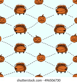 Vector seamless pattern for Halloween. Bat, trees, cauldron of potion and other items on Halloween theme.
