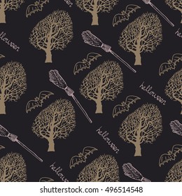 Vector seamless pattern for Halloween. Bat, trees and other items on Halloween theme.