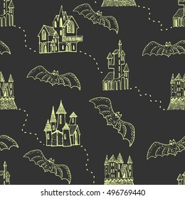 Vector seamless pattern for Halloween. Bat, trees, witch, castle, and other items on Halloween theme.