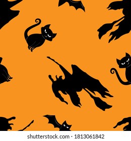 Vector seamless pattern to Halloween. Black silhouettes on a orange background.