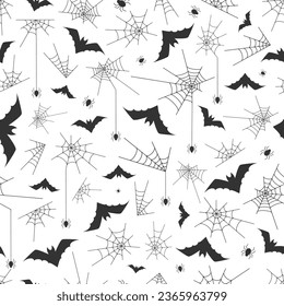 Vector seamless pattern for Halloween. Black images of a spider, web, and bat. Design elements for Halloween party poster.