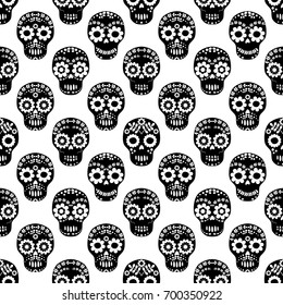 Vector seamless pattern for Halloween with black floral skulls on white background for textile and product design