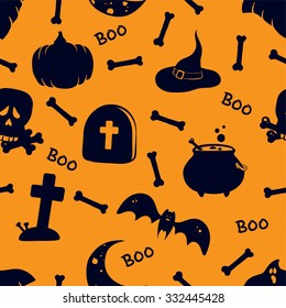 Vector seamless pattern for Halloween. Bright flat symbols for Halloween. Pumpkin, ghost, bat, skull and other items on Halloween theme.