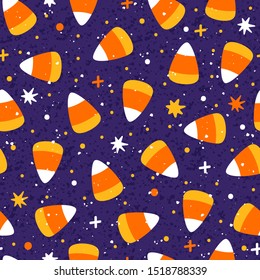 Vector Seamless Pattern With Halloween Candy Corn Cones. Bright Repeated Texture With Sweets. Holiday Background With Candy.