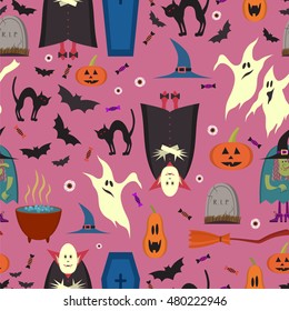 Vector seamless pattern for Halloween in cartoon style. All Saints Day design elements.