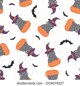 Vector seamless pattern for Halloween with cat and pumpkin.