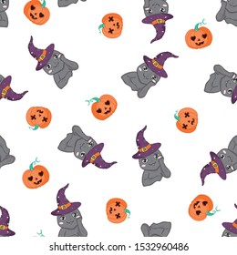 Vector seamless pattern for Halloween with cat and pumpkin.