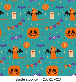 Vector seamless pattern for Halloween with cat and pumpkin.
