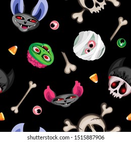 Vector seamless pattern. Halloween characters and attributes. Black background.