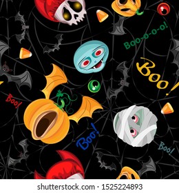 Vector seamless pattern. Halloween characters and attributes. On a black background with a dark gray web