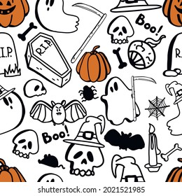 Vector seamless pattern of halloween clipart.  hand drawn Doodle pattern about the Halloween day. Funny, cute background for design, textile, decoration kids playroom or greeting card. 
