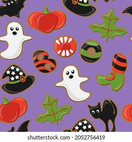 Vector seamless pattern with halloween cookies isolated on purple background. Cartoon ghost, witch hat, black cat, bat, pumpkin, maple leaf, striped witch's stocking, boo.