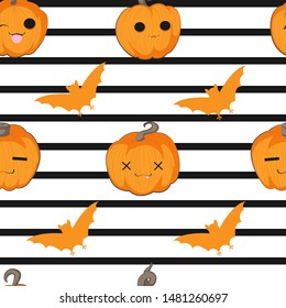 Vector seamless pattern with Halloween cute hand draw pumpkin in cartoons style with different emotion and silhouette of orange bats on white background with black stripes