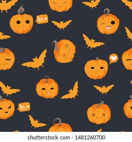 Vector seamless pattern with Halloween cute hand draw pumpkin with different emotion in cartoons style and silhouette of bats and speech bubble with herts and text boo on dark background