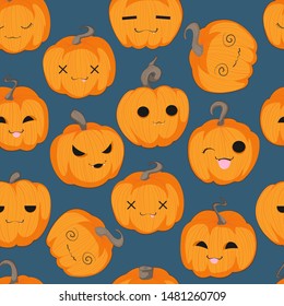 Vector seamless pattern with Halloween cute hand draw pumpkin in cartoons style with different emotion on dark blue background