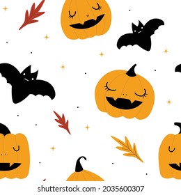 Vector seamless pattern for Halloween cute. Pumpkin, bat, stars, leaves on Halloween theme. On wight background