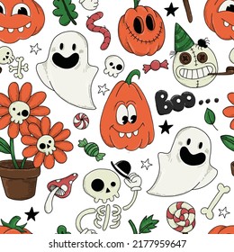 vector seamless pattern for halloween. cute characters, ghosts, pumpkins, skeletons on a white background. print for kids