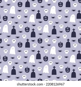 Vector seamless pattern for Halloween with cute smiling ghosts, sculls, gravestones, spooky pumpkins and spiders. Holiday backdrop for wrapping paper, fabric, textile, scrapbook.