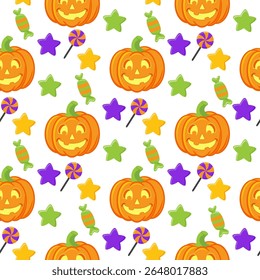 Vector seamless pattern for Halloween cute and funny cartoon characters pumpkin, sweets, stars