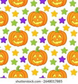 Vector seamless pattern for Halloween cute and funny cartoon characters pumpkin, sweets, stars