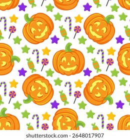 Vector seamless pattern for Halloween cute and funny cartoon characters pumpkin, sweets, stars