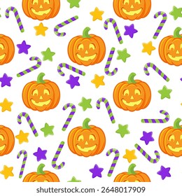 Vector seamless pattern for Halloween cute and funny cartoon characters pumpkin, sweets, stars
