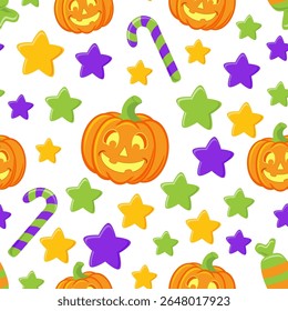 Vector seamless pattern for Halloween cute and funny cartoon characters pumpkin, sweets, stars