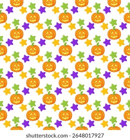 Vector seamless pattern for Halloween cute and funny cartoon characters pumpkin, sweets, stars