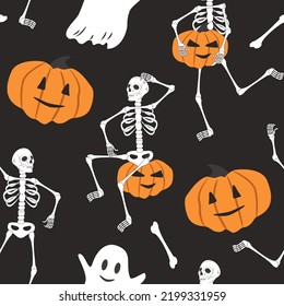 vector seamless pattern for halloween with dancing skeletons, jack-o'-lanterns, ghosts  on black background