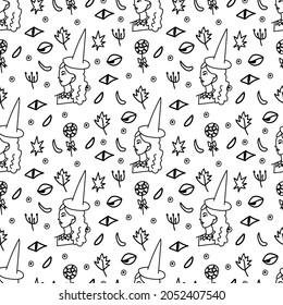 Vector seamless pattern for Halloween day with black line on transparent hand drawn background. Scary,horror doodle style print.Design for wrapping paper,packaging,textiles,coloring pages,wallpaper.