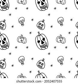 Vector seamless pattern for Halloween day with black line on transparent hand drawn background. Scary,horror doodle style print.Design for wrapping paper,packaging,textiles,coloring pages,wallpaper.