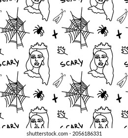 Vector seamless pattern for Halloween day with black line on transparent hand drawn background.Scary,horror doodle style print.Design for packaging,textiles,fabric,backdrop,wallpaper,scrapbook paper.