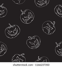 Vector seamless pattern in halloween design. Monochrome , line art , white on black. Pumpkins Jack-o`-lantern