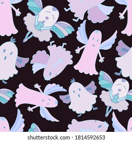 Vector seamless pattern Halloween design of cute ghosts in pastel colors on black background. The design is perfect for backgrounds, textiles, wrapping paper, packaging, advertisements.