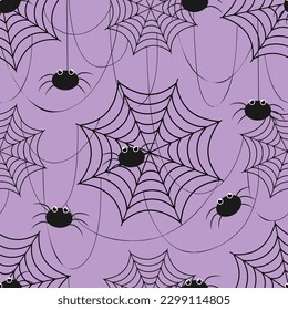 Vector seamless pattern for Halloween design with spider characters and web in cartoon style