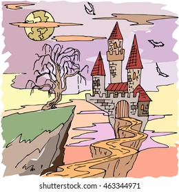 Vector seamless pattern for Halloween. Dracula s castle, bat and other items on  theme. Bright cartoon   