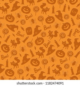Vector seamless pattern with Halloween elements on an orange background