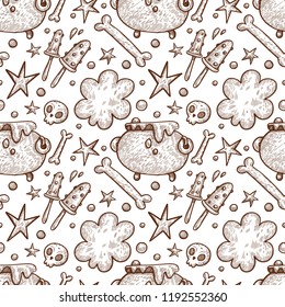 Vector seamless pattern with Halloween elements, bones, scull, mushrooms, stars. Hand drawn Halloween pattern.
