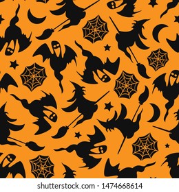 Vector seamless pattern with halloween elements on orange background. Halloween design for greeting card, gift box, wallpaper, fabric, web design.