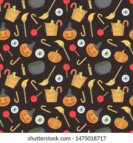 Vector seamless pattern with halloween elements on black background. Halloween design for greeting card, gift box, wallpaper, fabric, web design.